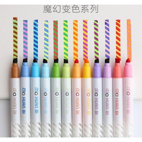 12 pcs/pack Magic Discoloration Double-Headed Highlighters Art Markers Fluorescent Color Pen Fine Liner School Office Stationery