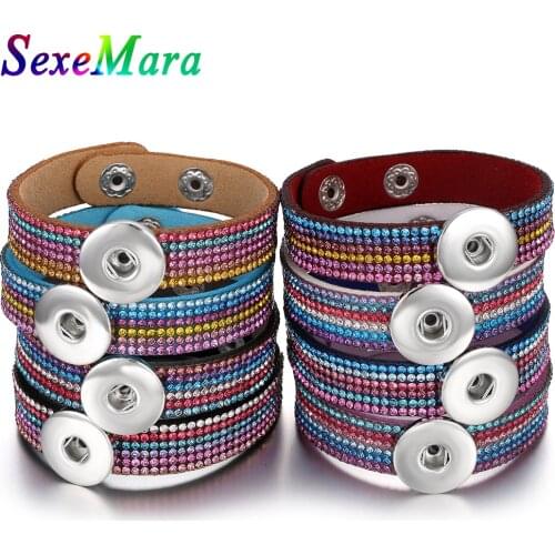 2019 New Snap Bracelet Rhinestone Colorful Leather Bracelets Fit 18mm Snap Button Jewelry for Women DIY Jewelry