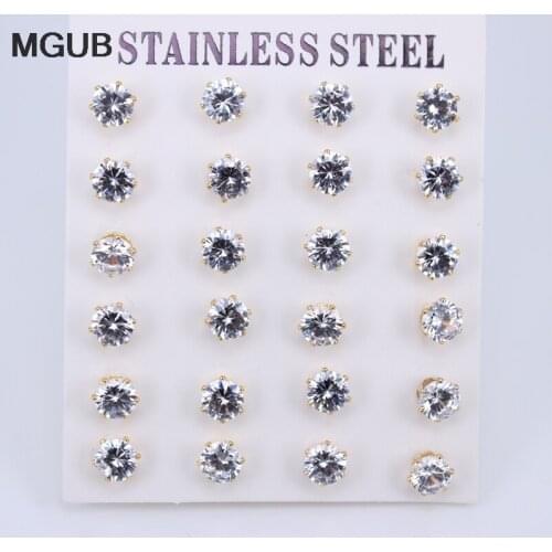 Wholesale Diameter 3-6mm 12 pairs/set Gold Color High quality Cubic Zirconia Stud Earrings for Women Stainless Steel JewelryZN28