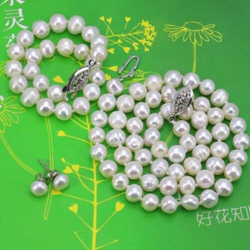White pearl necklace sets fish clasp 6-7mm necklace 18"bracelet 7.5" earring 2pc/lot women jewelry making design