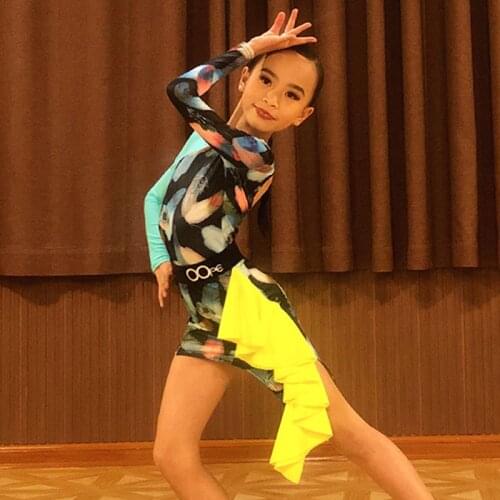 Latin Dance Dress Female Kids Dancing Practice Clothing Long Sleeve Printed Dress For Girls Samba Rumba Salsa Costume BL5627