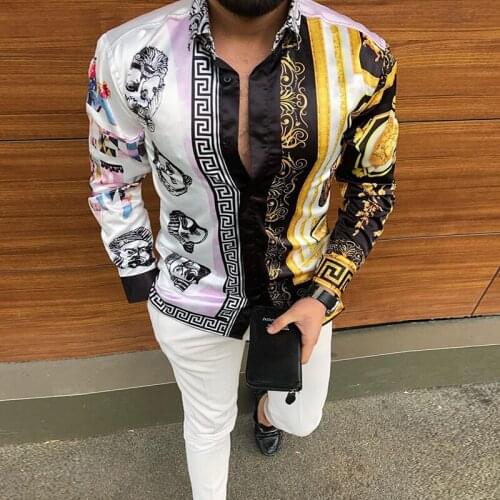 Vintage Pattern Printed Mens Clothes Spring Turn-down Collar Button Men Shirts 2021 Long Sleeve Patchwork Autumn Male Top Shirt