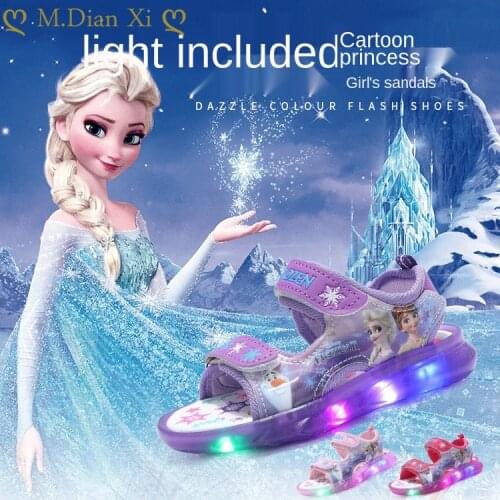 Summer New Cartoon Frozen Elsa Sandals Girls Sandals LED Flashing Sandals Children Kids Shoes Summer Beach Sandals for Girls