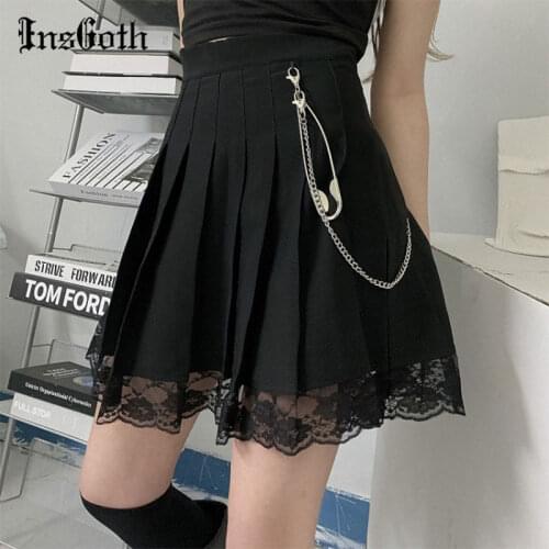 InsGoth Punk Vintage Lace Black Skirt Harajuku Goth A Line Hight Waist Pleated Mini Skirts Streetwear Grunge Y2K Academia Skirt