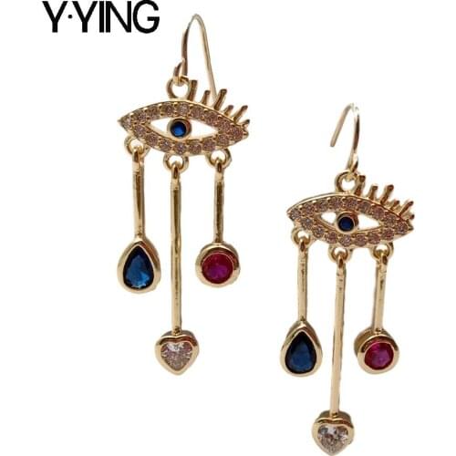 Y·YING Mixed Color Cubic Zirconia Pave Tears eve Eye gold color plated Dangle Hook Earrings