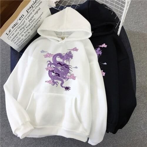 Casual Style Vintage Dragon Feather Pattern Couple Grunge Women Autumn Winter Harajuku Hoodie Print Sweatshirt Oversize Hooded