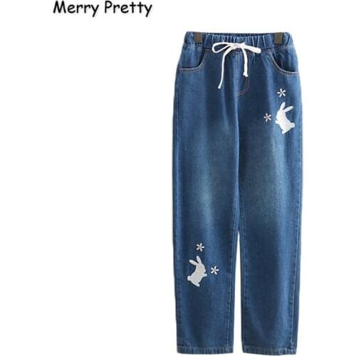 Womens Denim Pants Cartoon Embroidery Pockets Cute Jeans For Girl 2020 Spring New High Waist Calf Length Pant MERRY PRETTY