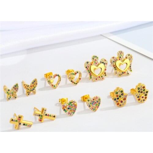 1Pair Bohemia Colorful Zircon Stud Earrings For Women Girl Hollow Heart Cross Fatima Hand Butterfly Small Ear Stud Jewelry E756
