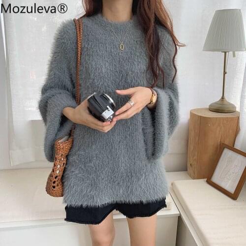 Mozuleva 2021 Women Autumn Winter Mink Cashmere Black Loose Sweater Full Sleeve Round Collar Thick Knitted Pullovers Jumpers