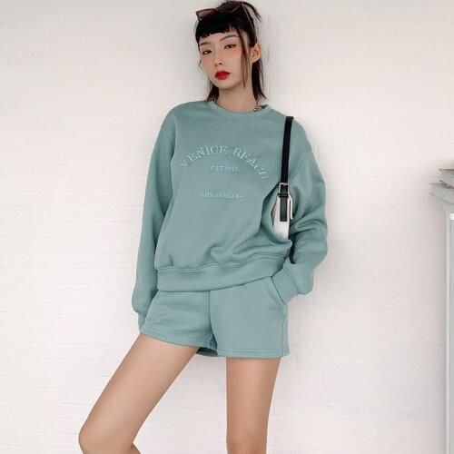 Casual Women Tracksuit Loose Sweatshirts Tops And Shorts Two Piece Set Outfits Female Long Sleeve Matching Sets 2 Pieces Suit