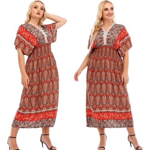 Bohemin Printed Women Summer Short Sleeve Long Dress V-neck Ethnic Muslim Islamic Arabic Abaya Kaftan Dubai Middle East Fashion
