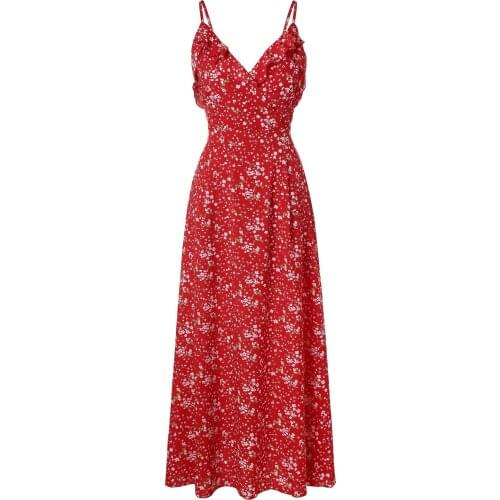 HGTE V neck ruffle floral print summer dress women Backless strap boho dress long Sleeveless split maxi beach dress vestidos