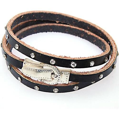 3 Rows Wrap Real Leather Wrapped Crystal Magnetic Clasp Buckle Bracelet For Women Gift