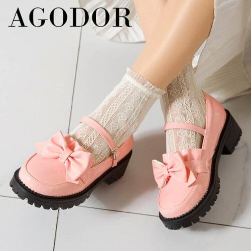AGODOR Mary Janes Shoes Women Med Heels Platform Block Heel Dress Pumps Bow Buckle Female School Footwear Sweet Pink Big Size 43