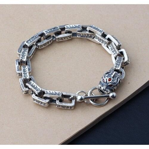 925 Sterling Silver color Six words Mantra Men Bracelets Pixiu Head Bangle Width 10mm Punk Thai Silver color Bracelet Jewelry
