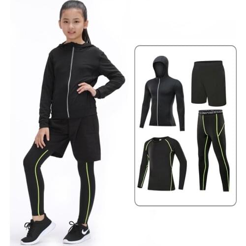 Kids Sports Running Set Girl Compression Suit Jogging Basketball Sportswear Gym Tights Girls Yoga Tracksuit Training Hooded