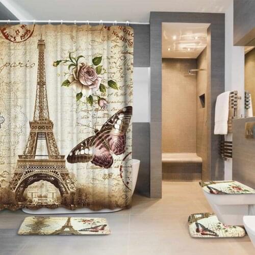 Eiffel Towel Paris Landscape Print Bathroom Shower Curtain Set Waterproof Anti Slip Pedestal Rug Lid Toilet Cover Bath Mat Sets