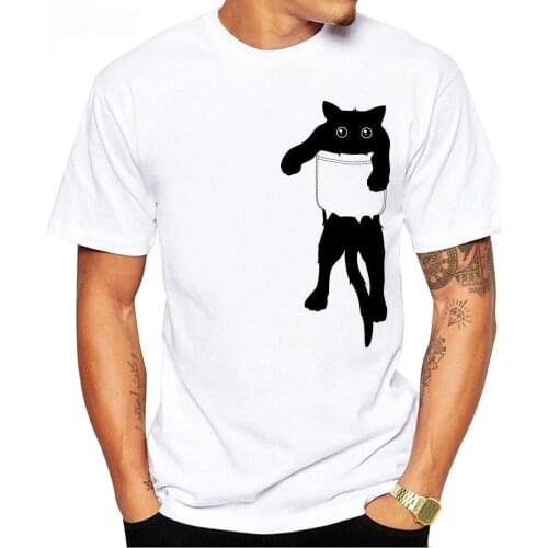 Men T-Shirt Pocket Cat Gym Print Hipster Summer Short Sleeve Funny Graphic Printed Tee Shirts White Tops Men Women Shirt