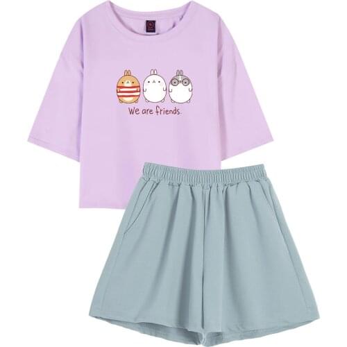 Cartoon Graphic T Shirt Women Cotton Harajuku Purple and Yellow Crop Tops Y2k Clothes Shorts for Teenager Girls Two Piece Suits
