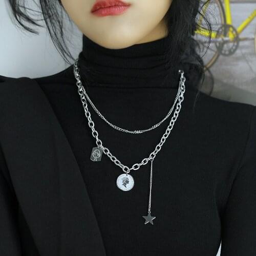 KKCHIC Silver Color Stainless Steel Double-layer Hip-hop Sweater Necklace ins Fashion Star Queen Coin Pendant Long Chain Jewelry