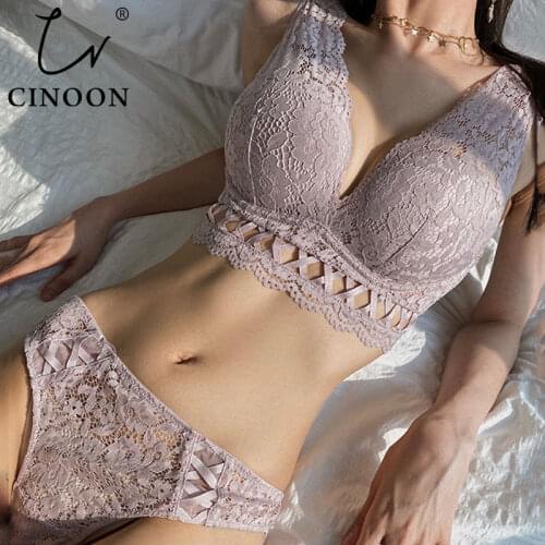 CINOON New Sexy Bandage Underwear Set Push up Bra Set Embroidery Women Lingerie High Quality Lingerie Set 3/4 Cup Lace Brassiere