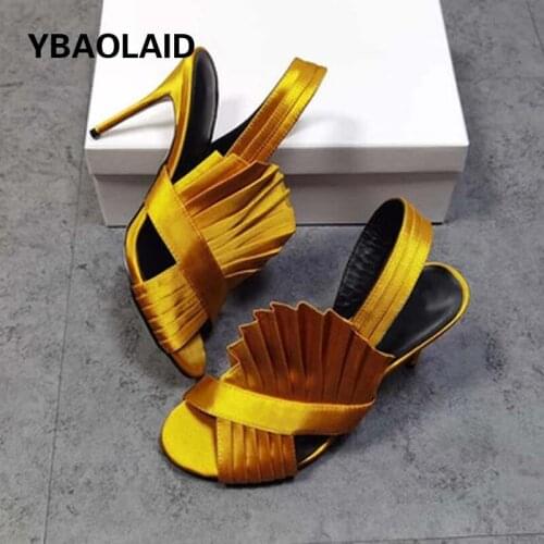 Pure Color Round Head Fish Mouth Buckle Super High Heel Sandals Summer New Fashion Ruffled Silk Cloth Sexy Stiletto Sandals