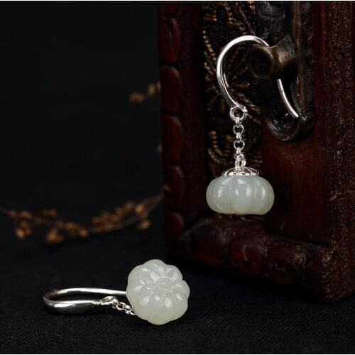 Silver S925 Sterling Silver Antique Inlaid Jade White Jade Pumpkin High-end Earrings Earrings Wholesale
