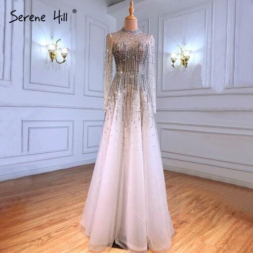 Serene Hill Silver Luxury Sexy Evening Dresses Gowns 2021 A-Line Beaded Crystal Lace Up For Women Party LA71227