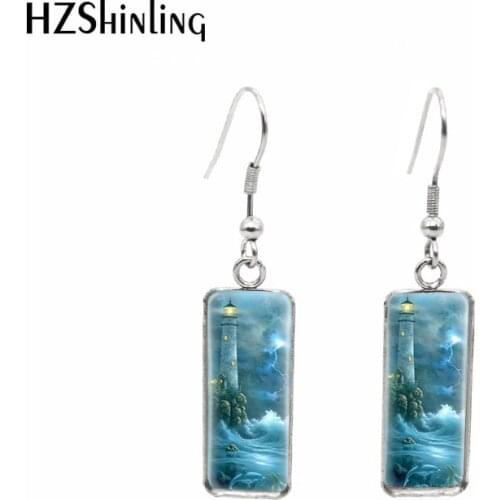 2020 New Night Watch Under Sea Earring Lighthouse Sunrise Rectangular Hook Earrings Glass Cabochon Jewelry Handmade