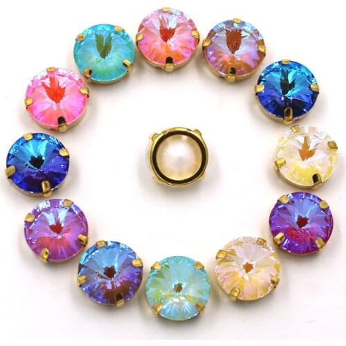 Dress Accessories Round Shape Mocha Fluorescence Glass Crystal Sewing Gold Claw Setting Rivoli Rhinestones For Garment/Clothing