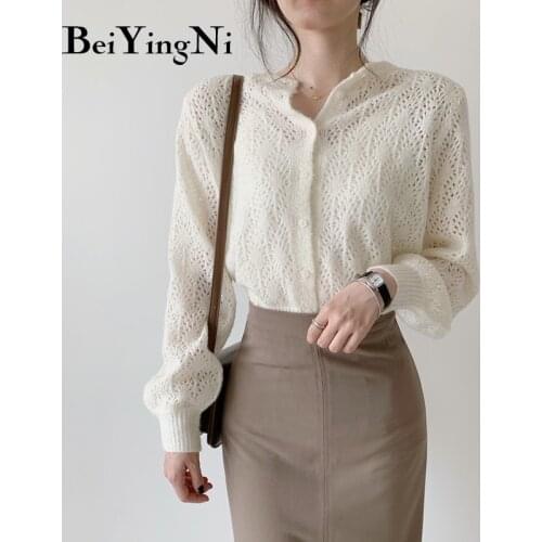 Beiyingni Cardigan Female Sweater Hollow Out Loose 2021 Spring Autumn Knitted Jumper Solid Color Vintage Casual Sweaters Womens