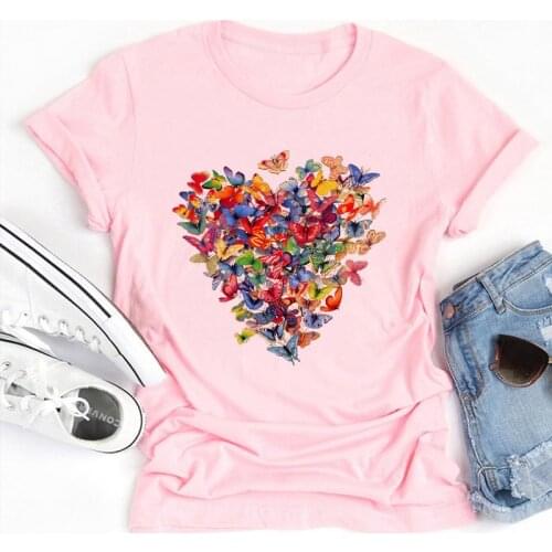Butterfly Love Graphic Tees Pink Heart Heart Flower Print Oversizd T-shirt Ladies Casual Basis Tshirt Short Sleeve Ladies Tshirt