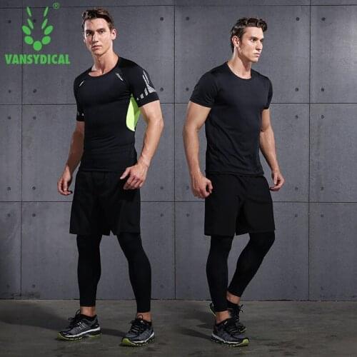 Vansydical New Men Compression Sport Suits 4pcs Tights Running Tights Workout Fitness Training Shirts Pants Short Sleeves Shirts