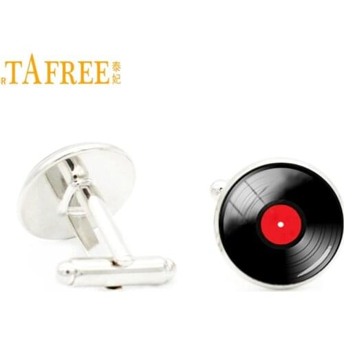 TAFREE Vinyl Record Cufflinks DJ for Men Retro Music Art Cuff Link Round Dome Glass cabochon fashion men women jewelry KC141
