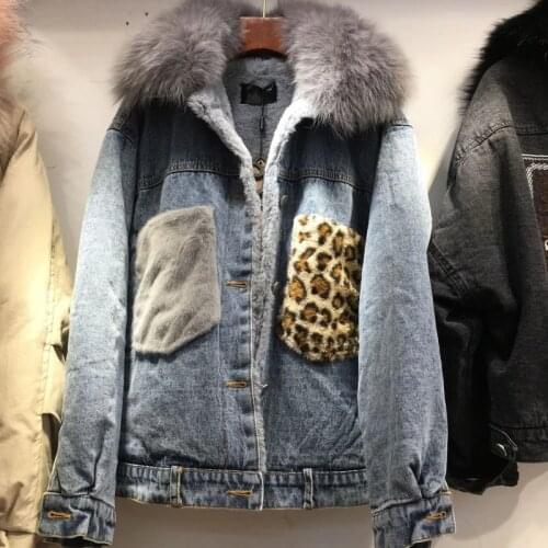 Winter Big Faux Fur Collar Fleece Liner Womens Denim Coats Loose Leopard Pockets Patchwork Oversize Fashion Streetwear Jackets