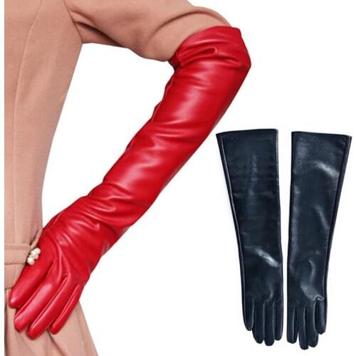 40/45/50cm Women Long PU Leather Hand Gloves Black Womens Sexy Winter Ladies Warm Finger Cosplay Costumes Mittens 2020 New