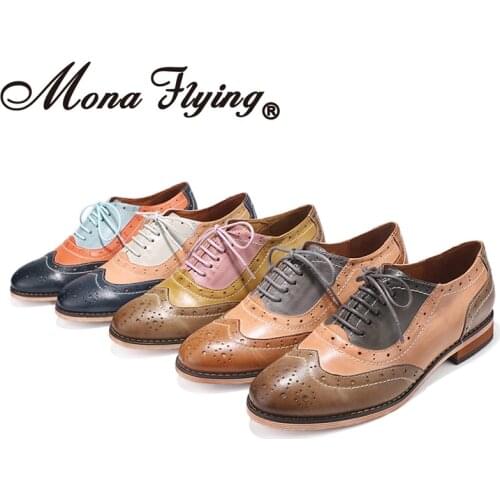 Mona flying Womens Leather Perforated Lace-up Oxfords Mixed Colors Brogue Wingtip Saddle Shoes for Girls ladis Womens CS-A068