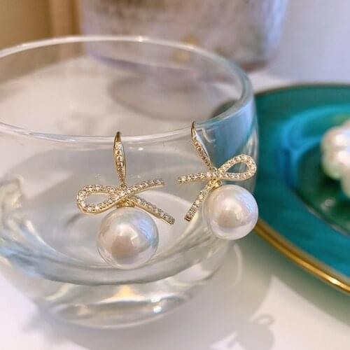 2021 New Contracted Temperament Crystal Bowknot Drop Earrings Fashion Sweet Elegant Pearl Trend Women Earrings Jewelry