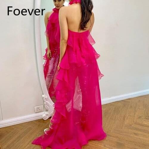 Robe de soiree Lady Party Dresses Short Front Long Back Sparkly Pant Sequin Halter High Low Evening Gowns Cheap 2019