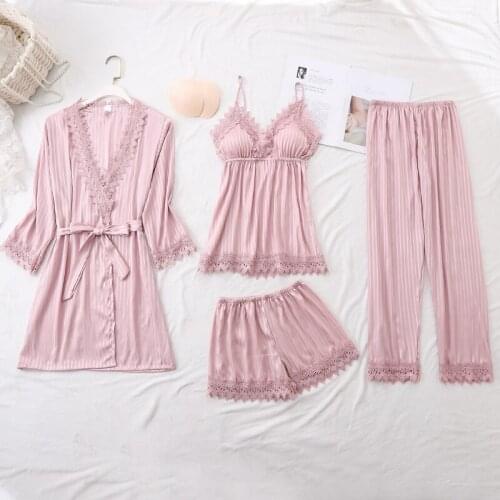4PCS Silk Satin Sexy Lace Lingerie Robes Pajama Set for Women 2021 Summer Long Pants Sleepwear Suit Pyjama Homewear Pijama Mujer