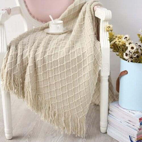 Nordic Retro Casual Style Acrylic Knitted Blanket for Bed Sofa Chair Tassel Sofa Blanket 130x170cm