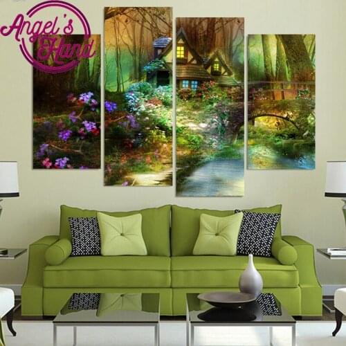 Flowers forest trees house,4pcs/set,Needlework Diy Diamond Embroidery Diamond Painting Cross Stitch Full Square Diamond Mosaic