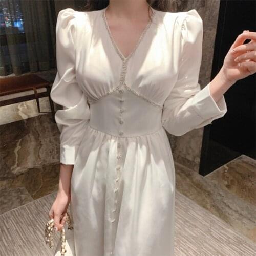 Korea Chic Elegant Temperament V-neck Chic Trim Single-breasted Pleated Waist Mid-length Puff Sleeve Dress White Dress
