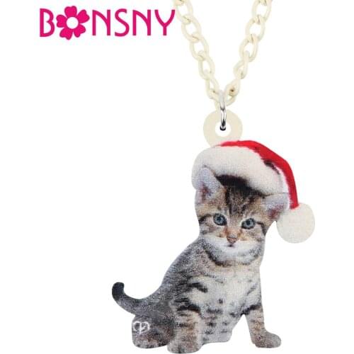 Bonsny Acrylic Christmas Hat American Short Hair Cat Kitten Necklace Pendant Chain Animal Jewelry For Women Girls Teens Kid Gift