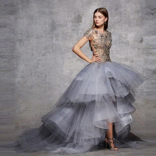 Newest Grey High Low Prom Gowns Illusion Applique Top Tiered Tulle Train Long Formal Dress Custom Made Evening Wear Abendkleider