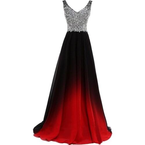 Gardlilac 2020 Spaghetti Straps Beaded Evening Dresses Long Gradient Black to Red Evening Party Formal Gown