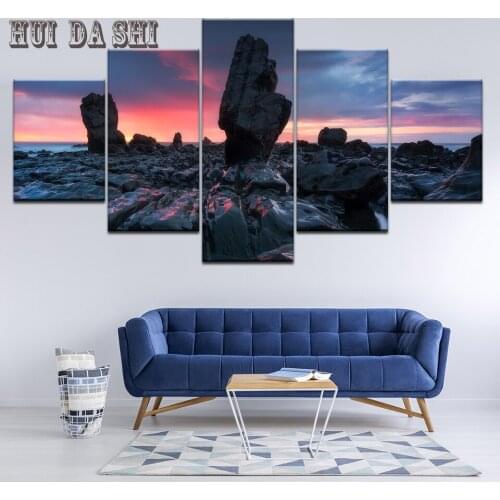 Canvas Pictures Framework Home Decor Prints Poster 5 Pieces Beach Wave Reef Stones Painting Sunrise Sky Clouds Seascape Wall Art