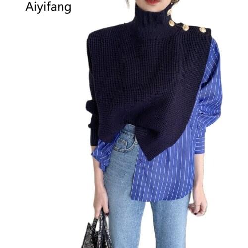 Korean Chic Autumn Turtleneck Pullover Tops Womens Striped Shirt Patchwork Knitwear Long-Sleeve Fake Two-Piece Knitted Sweater