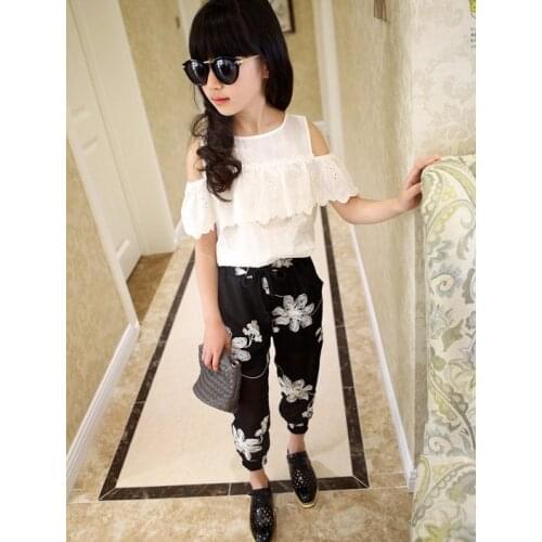 Summer 2018 Kids Fashion Girls Clothing Sets 2 pcs White Lace Blouse Top & Black Flowers Pants Set for Teenage Girls Clothes Set