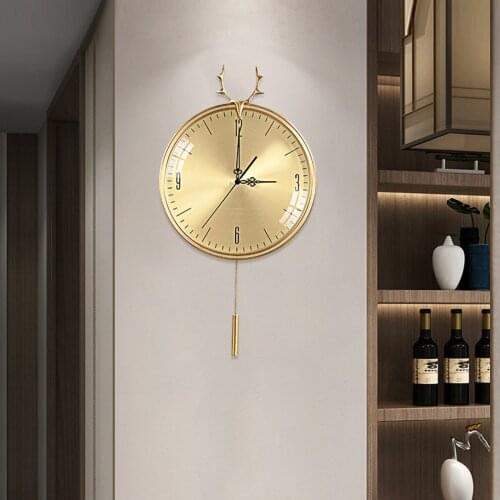 Copper wall clock, large clock, living room clock, indoor home furnishing, pure copper pendant, swing mute antler wall clock